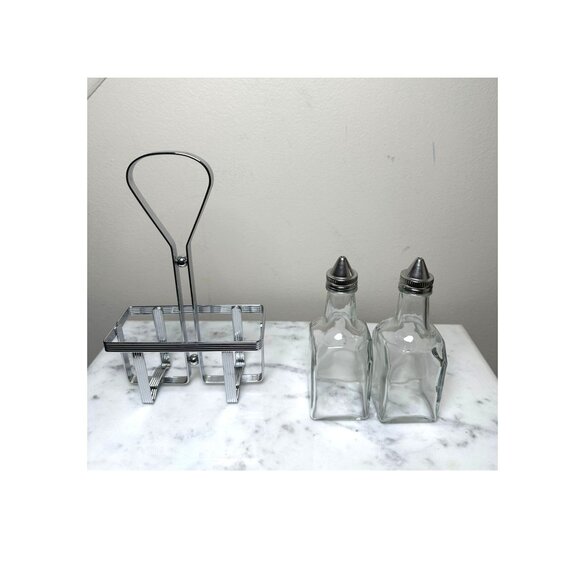 Vintage Oil & Vinegar Cruet Set with Metal Rack Glass Bottles Mid-Century Modern - Picture 5 of 7